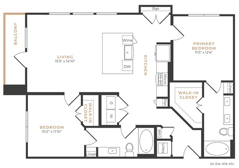 Floor plan for 2 beds, 2 baths, 1136 sqft